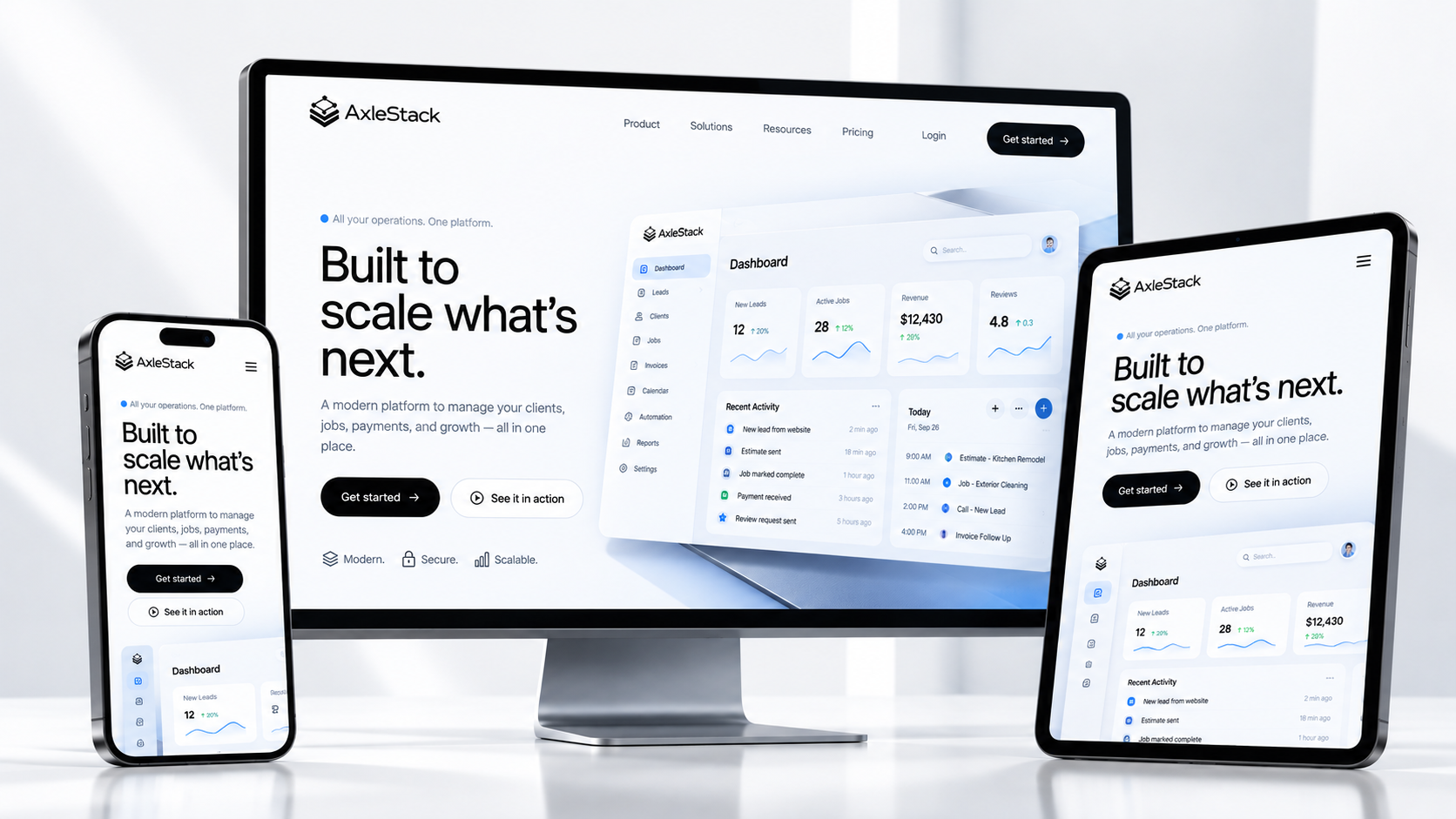 AxleStack website shown across desktop, tablet, and mobile devices